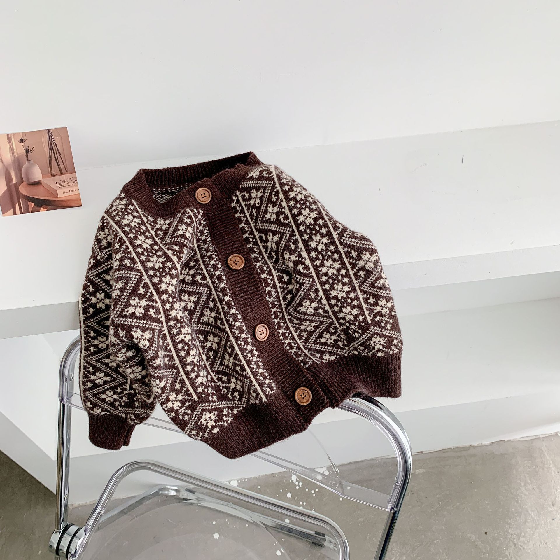 Høst jenter strikkede gensere barn blomster cardigans barn vinterklær: Brun / 7