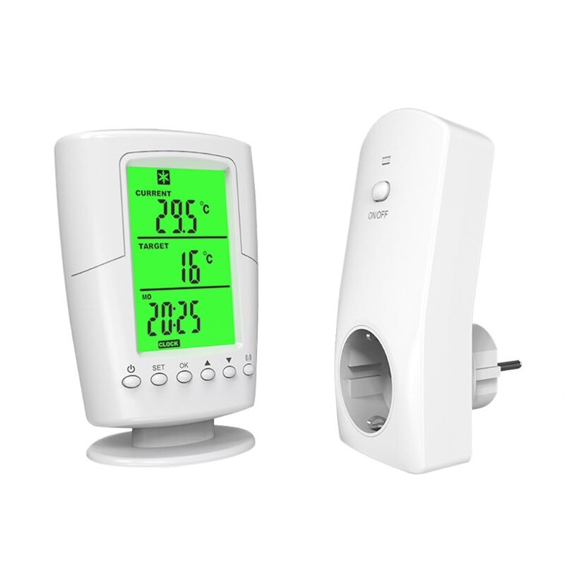 Wireless Programmable Thermostat Socket Controller Heating & Cooling function With Remote Control + LCD Backlight EU plug