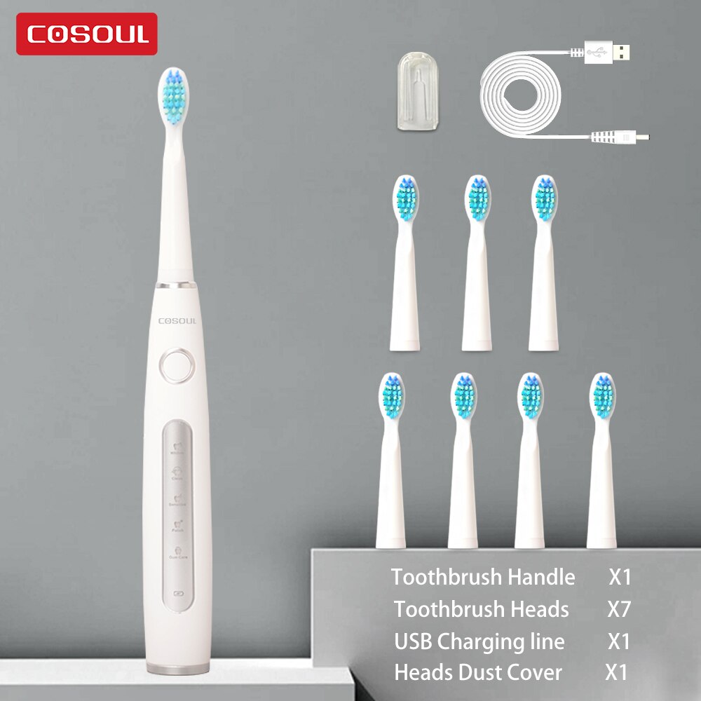COSOUL-cepillo de dientes eléctrico para hombre y mujer, cepillo dental sónico para limpieza, blanqueador, 5 modos, recargable 40000 veces/min, automático, impermeable: White5Heads
