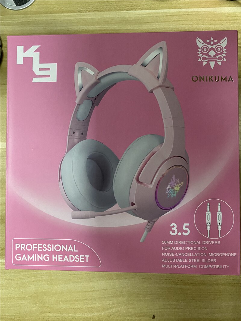 Product K9 Pink Cat Ear Cute Girl Gaming Headset With Mic ENC Noise Reduction HiFi 7.1 Channel RGB Wired Headphone: 3.5mm with box