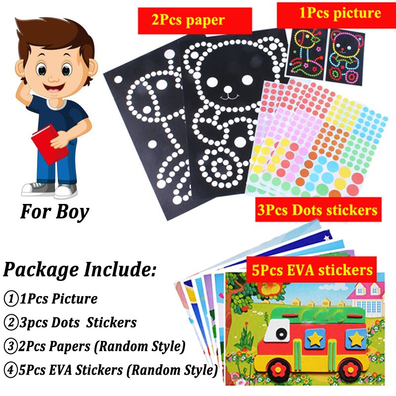 Children 3D DIY Handmade Toy 6 Colorful Dot Mosaic Stickers 5 EVA Sticker Kids Kindergarten Art Craft Educational Toys: Boy 1set Dot 5EVA