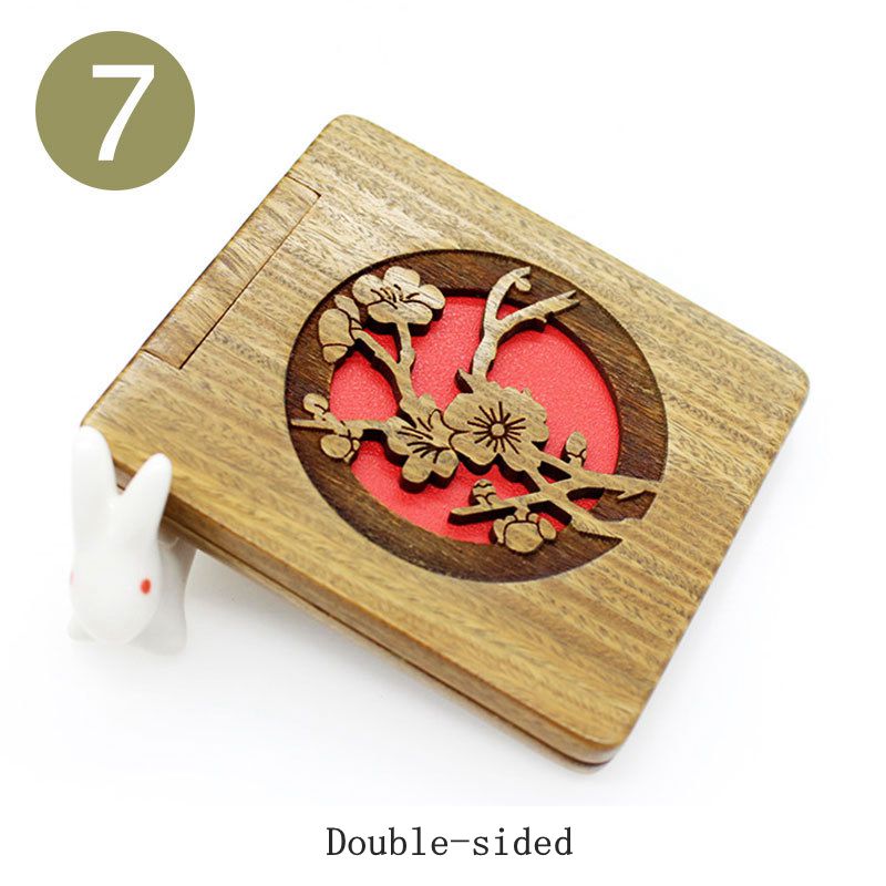 Carved Green Sandalwood Makeup Mirrors Folded Double-sided Wood Comestic Mirror Sandalwood Portable Small Pocket Mirror: 7