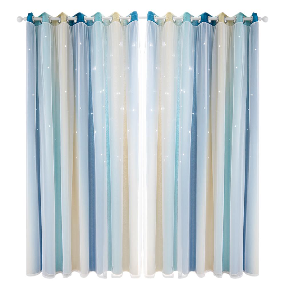 Gradient Hollow Star Curtain Bedroom Full Blackout Colorful Hollow Star Sheer Window Drapes Home Decor For Kid Girl Bedroom: Blue