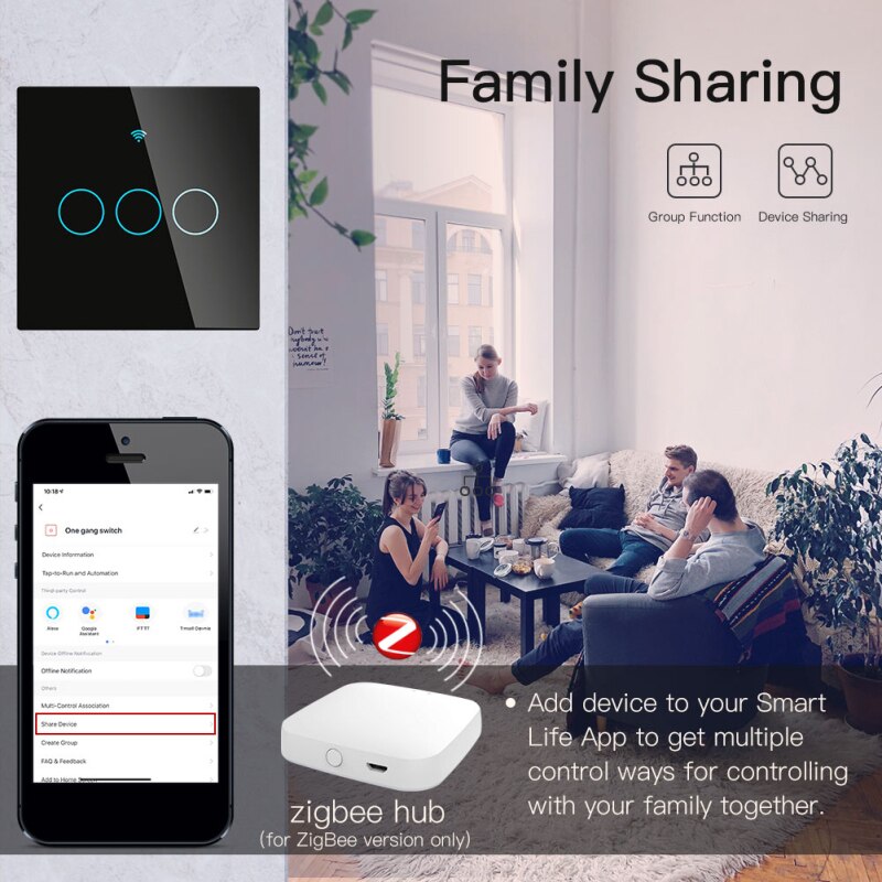 Tuya ZigBee Smart Light Switch Touch Switch With/Without Neutral Wire Two Wiring Methods AC100-240V Work With Alexa Google Home