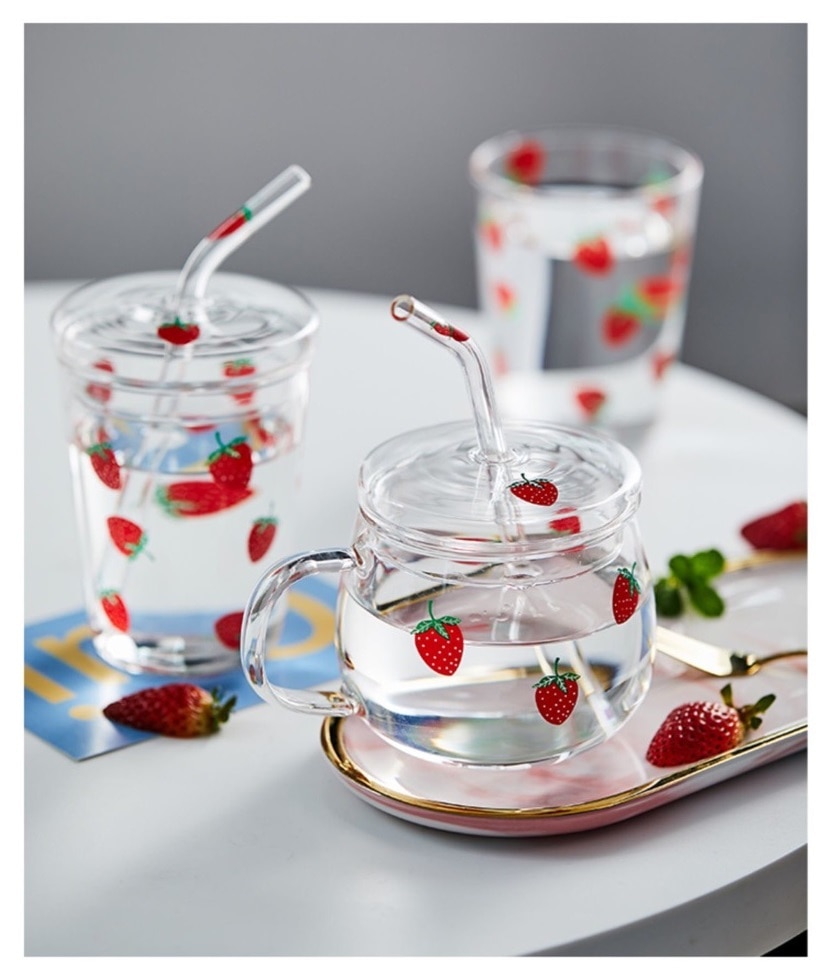 Ins Aardbei Glas Water Cup Kleine Diasy Water Cup Met Matched Cover En Stro 350 Ml Water Melk Jucie glas