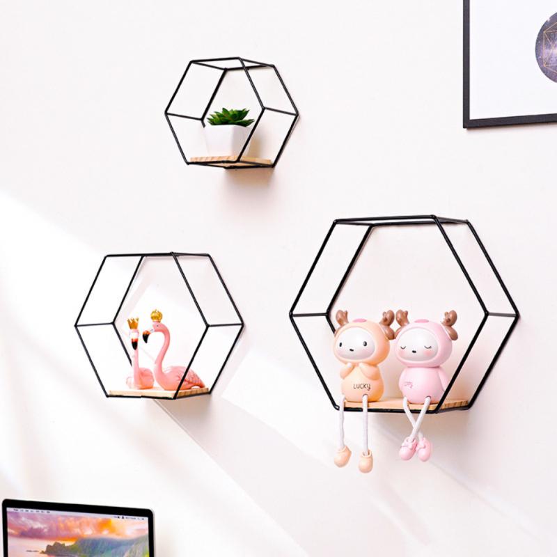 Wall Mounted Floating Hexagon Shelves, Metal Framed Gold Shelves With Wooden Floor For Wall Storage &amp; Display 2022