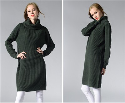 Hoffen nieuwkomers vrouwen lange trui jurk coltrui knielange losse winter gebreide jurken solid party vestidos kerst: Groen