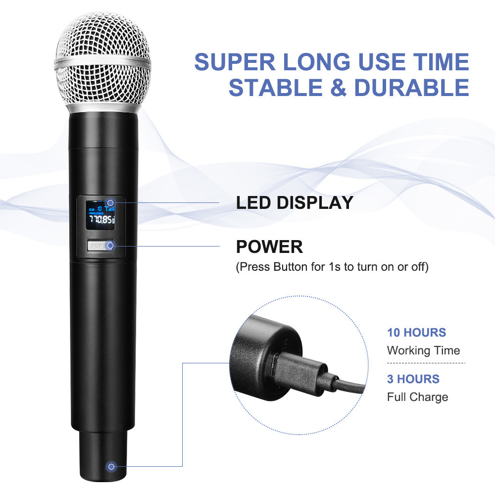 Wireless Microphone 2 Channel UHF Fixed Frequency Handheld Mic Microphone Condenser Microphone For Party Karaoke Show Meeting