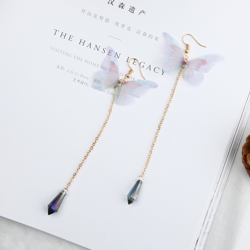 Koreaanse Vlinder Hoek Vleugels Lange Tassel Oorbellen Voor Vrouwen Sieraden Imitatie Parel Crystal Asymmetrische Verklaring Oorbellen: 3