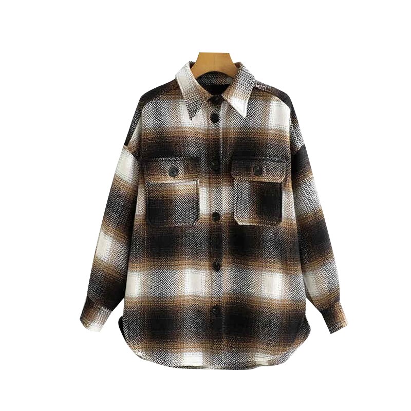 TRAF-Chaqueta de lana a cuadros para mujer, chaqueta holgada de lana de gran tamaño con bolsillos y manga larga, Estilo Vintage: dark brown / L