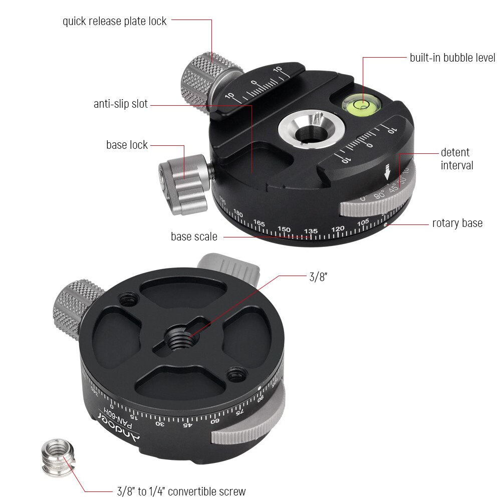 2 Colors Andoer PAN-60H Panoramic Ball Head Tripod Head with Indexing Rotator AS Type Clamp