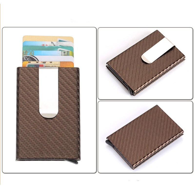 BISI GORO RFID fibra de carbono caja única cartera PU cuero Protector tarjeta de crédito titular Slim Card Case tarjetero hombre: X-2 Carbon Brown