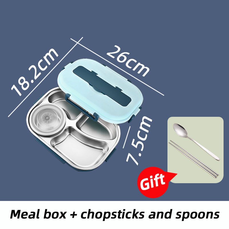 Lunch Box With Compartments Stainless Steel Insulated Tableware Bento Food Container Storage Meal Tray Lunchbox Thermos: Blue  Combination B