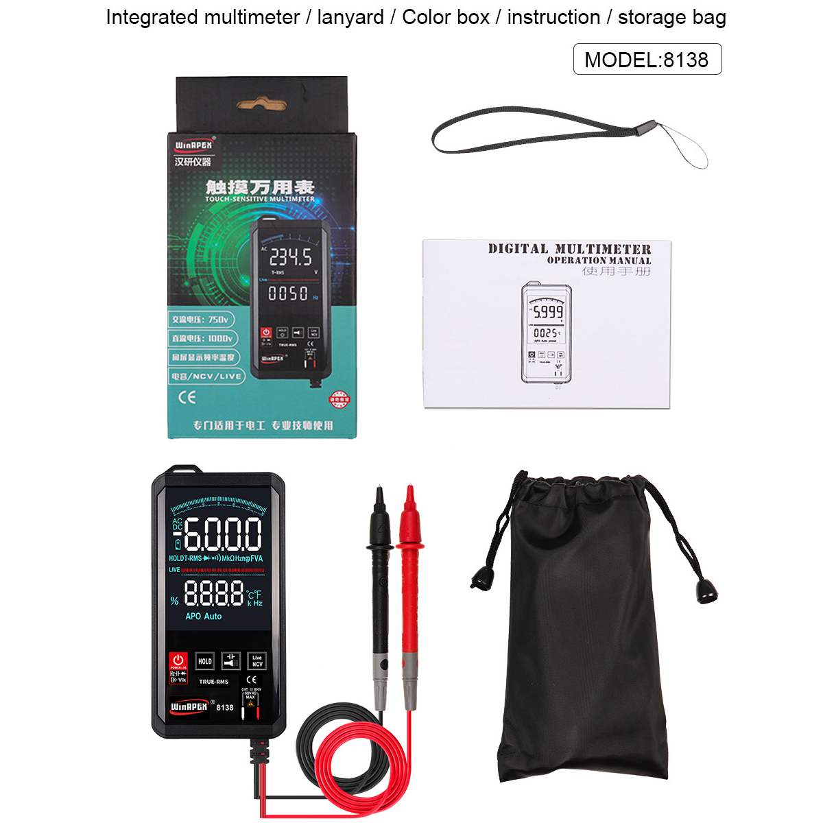 6000 Smart Touch Digital Multimeter Auto Ranging AC/DC Voltage Meter Tester LED Display DC AC Multimeter: 8138