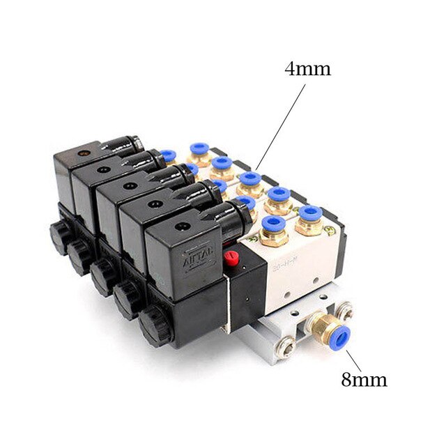 12/24 V DC 110/220 V AC Multi Option 4V210-08 Pneumatischer Magnetventilblock mit Schalldämpfer-Fitting-Basisverteiler 2/3/4/6 Wege
