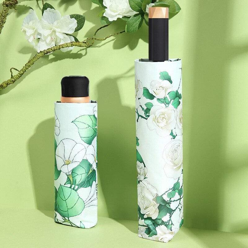 Paraguas plegables elegantes con flores para mujer, Parasol anti UV con revestimiento negro, paraguas para mujer, equipo de lluvia de viaje para chica, paraplaie compacto