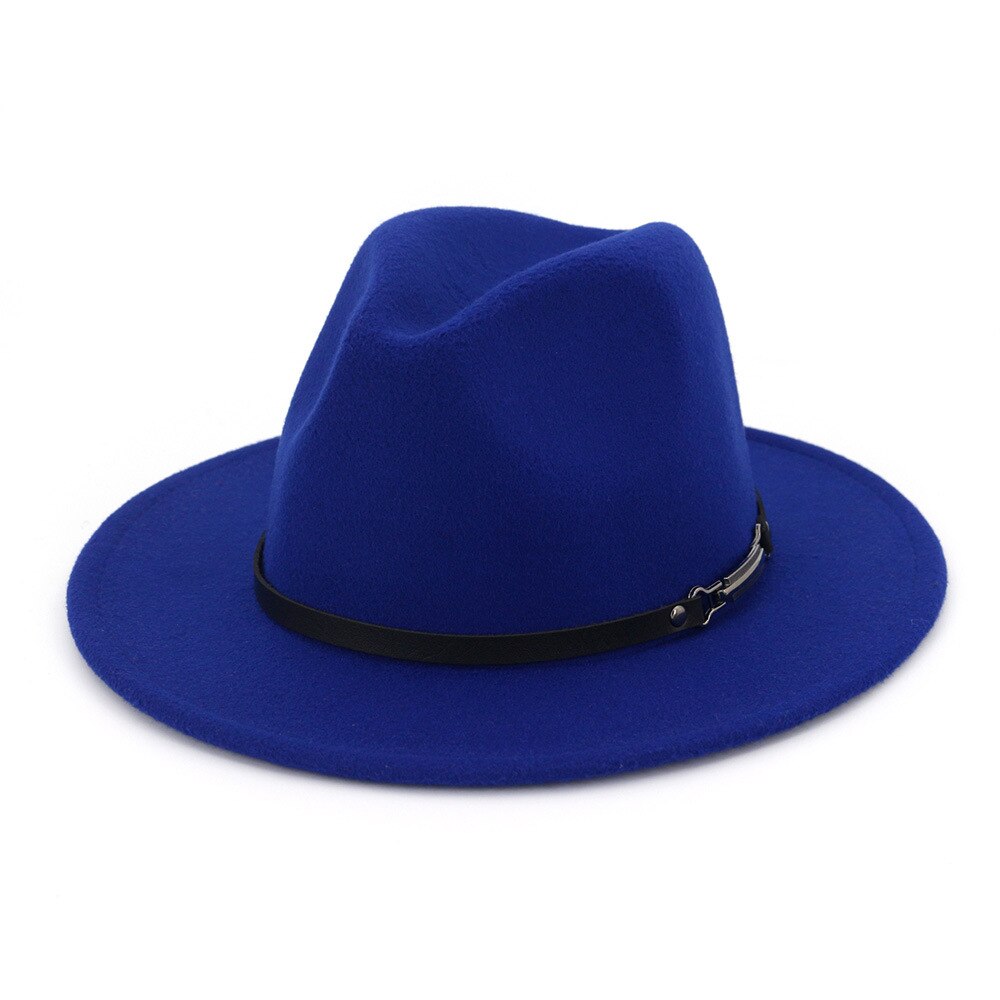 Höst vinter vanliga fedora hattar för kvinnor hatt vintage bowler jazzmössa filt bred brätte solkyrka hatt: Blå