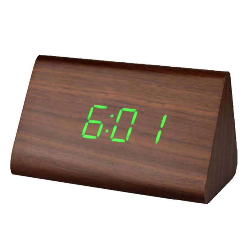 Moderne trekantet led træ vækkeur klassisk digital lydkontrol skrivebord ur termometer (sort træ og hvidt lys): Brun 1