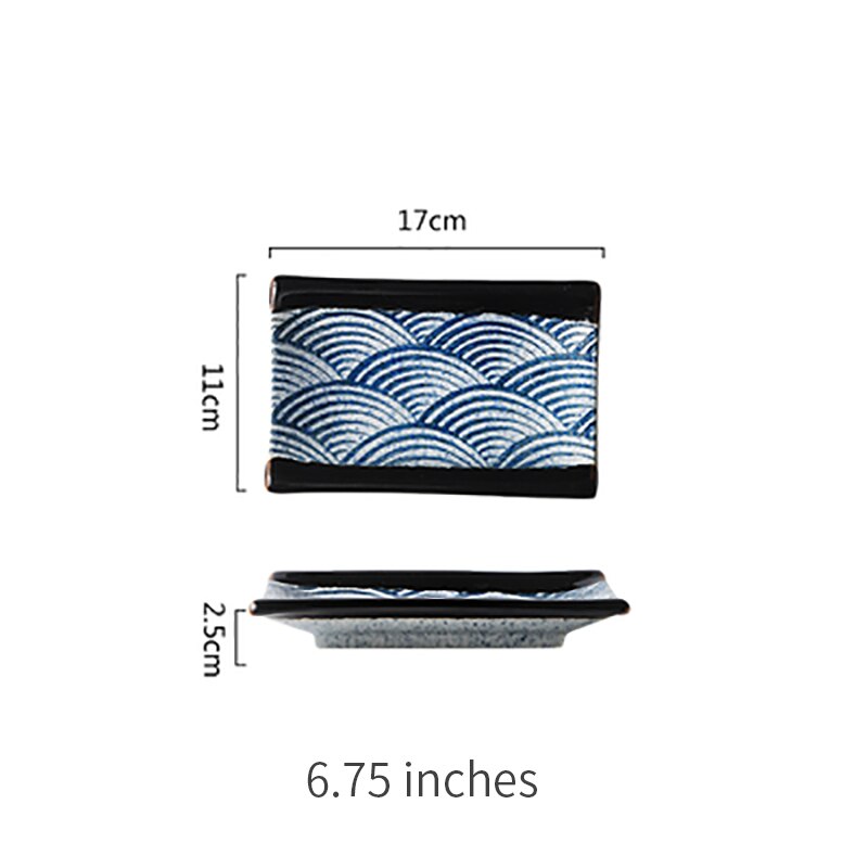 Blue wave pattern Ceramic plate Western tableware Steak dish porcelain plate Home kitchen rectangle square serving platter: 6.75 inches