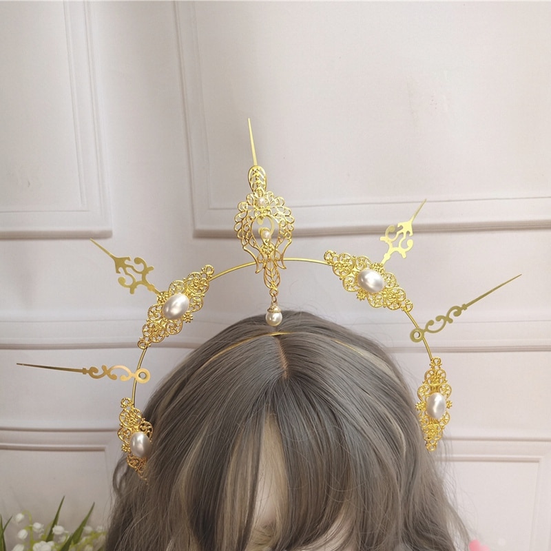 Lolita Gothic Stijl Haaraccessoires Virgin Mary Bead Chain Barokke Tiara Hoofdband Lolita Zon Godmother 'S Crown Star Hoofddeksels