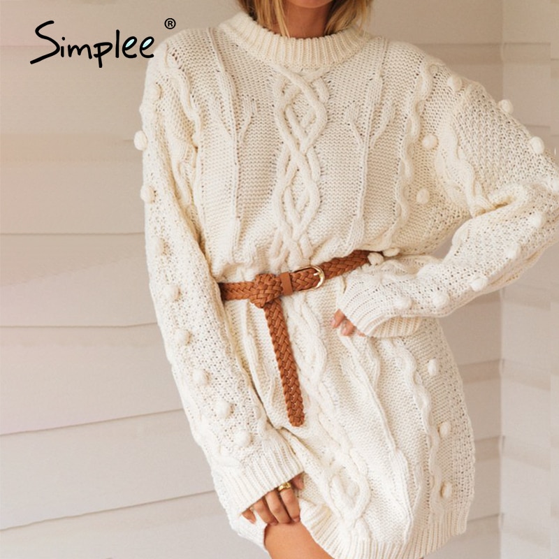 Simplee zwykły O-szyja damski sweter sukienka jesień zima z długim rękawem  biała kobieca sukienka z dzianiny miękka prosta ciepła sukienka sweter –  Grandado