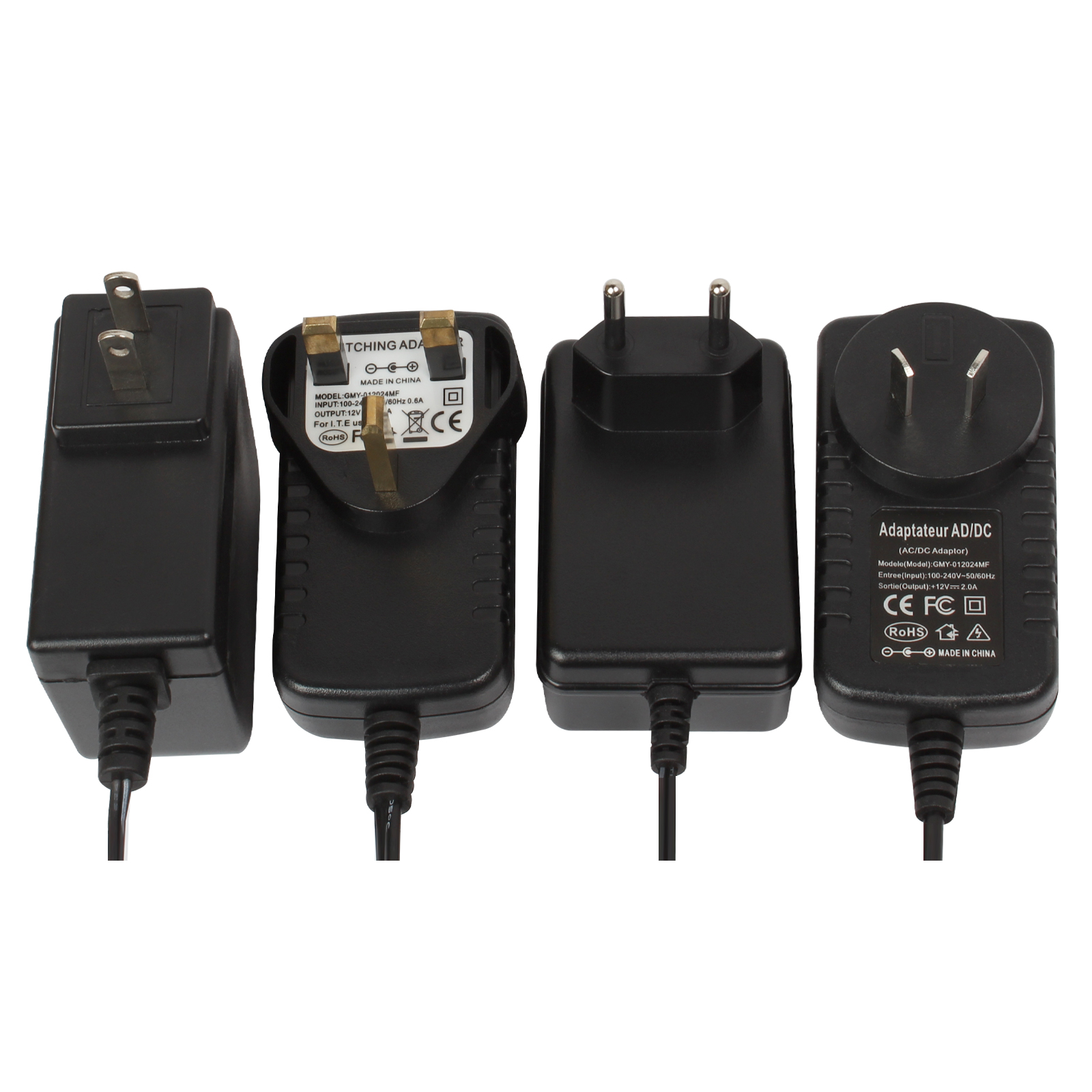 Kvalifisert  ac 110-240v til  dc 12v 2a cctv strømforsyningsadapter, eu / us / uk / au plug abs plast