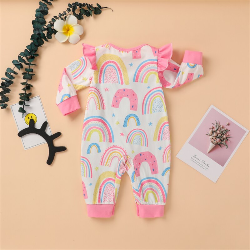 0-12M jesień niemowlęta dziewczynki chłopcy pajacyki nadruk tęcza wzburzyć długie rękawy O-szyja bawełniane kombinezony jednoczęściowe