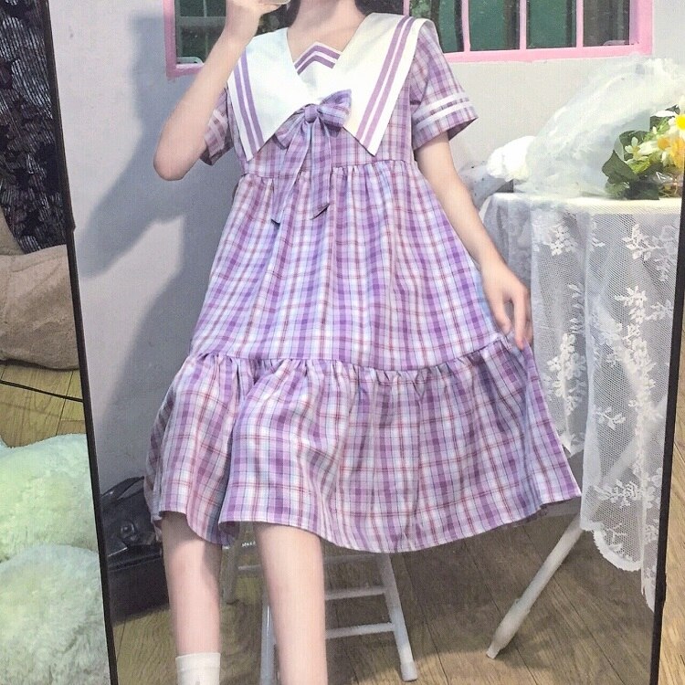 Japanese Navy Collar Sweet Navy Style School Uniform Cute Jk Plaid Dress Kawaii Girl Summer Casual Dress
