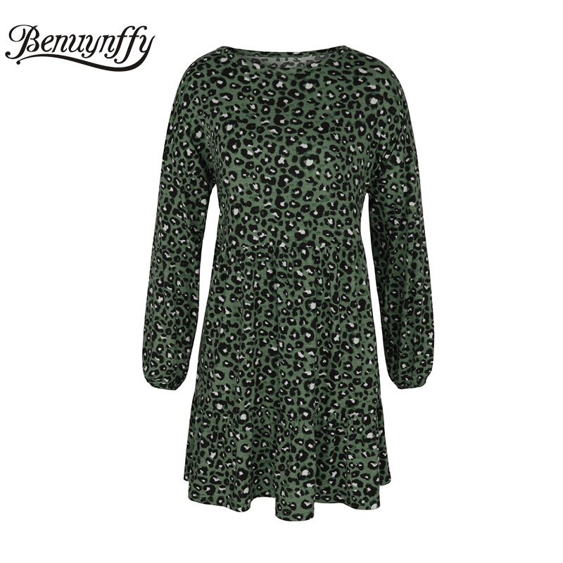Benuynffy Herbst Winter Frauen Rüschen trimmen Leopard Druck Kleid verlieren Oansatz Langarm lässig A-linie Mini Kleider: Armee Grün / M