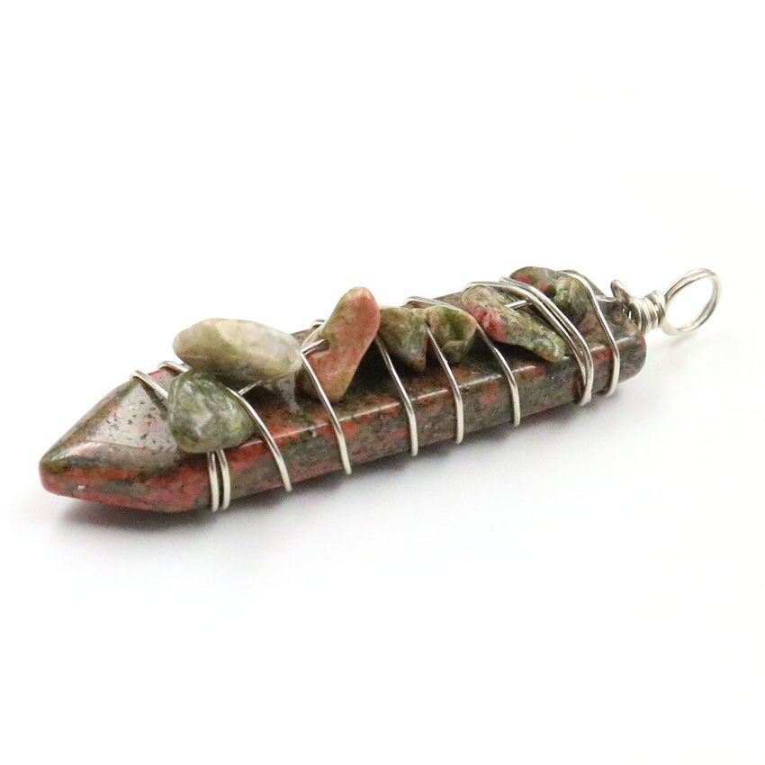Reiki Handmade Wrap Pendulum 7 wisiorki czakry uzdrawiający kryształ naturalny klejnot kamień ametysty lazuryt Point miecz wisiorki: Unakite