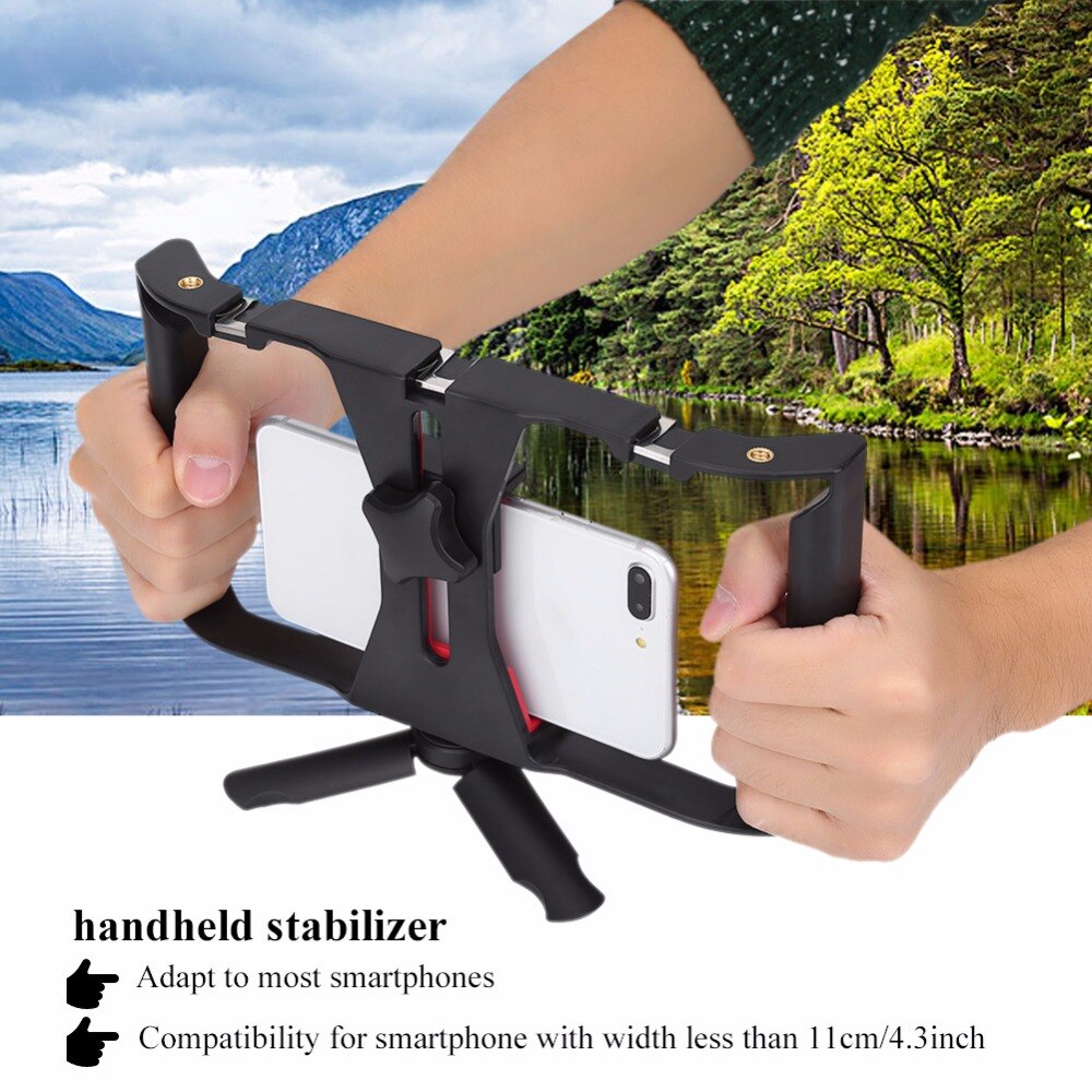 Dual Hanlde Adjustable Handheld Phone Stabilizer Smartphone Video Rig Filmmaking Case with 1/4" Screw Cold Shoe Mount Tripod