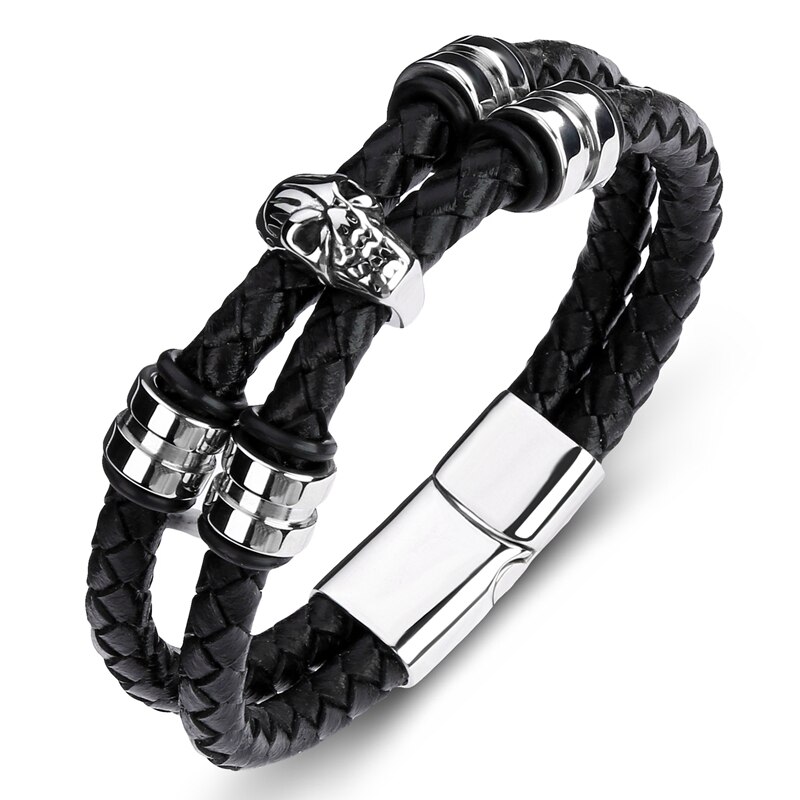 Mozo Mode Mannen Armband Zwart Lederen Skeleton Rvs Magneet Gesp Bhigh Schedel Sieraden Gifts099