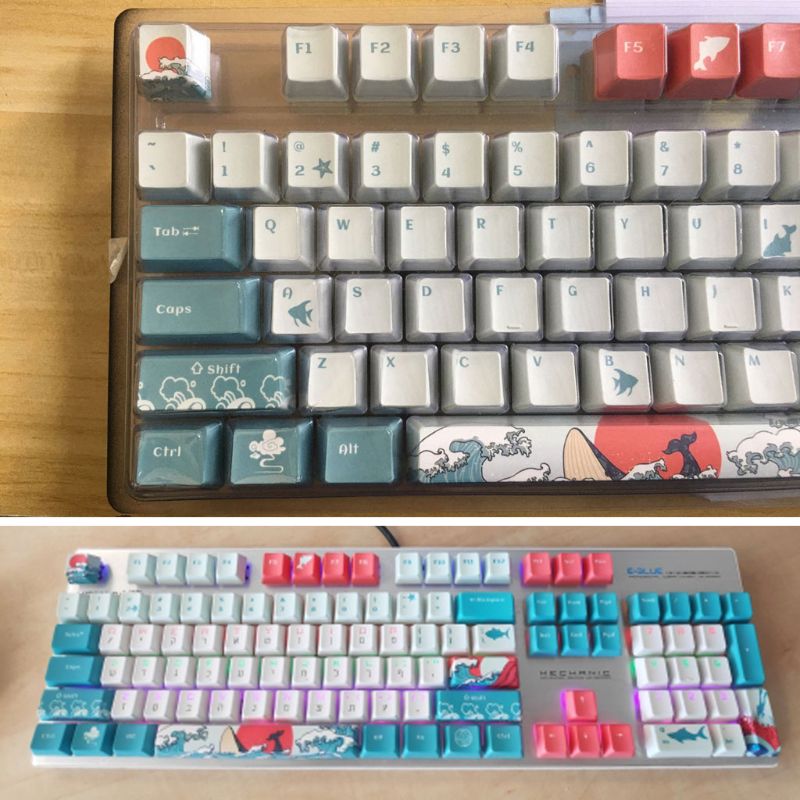 PBT Keycap Set - 108 Keys - Dye Sublimation - Ukiyo-e Sea Waves / Summer Lotus Designs