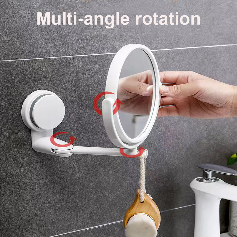 Espejo de baño sin taladro montado en la pared, 360 ° Espejo de tocador plegable giratorio de doble cara para organizador de maquillaje de dormitorio (blanco)