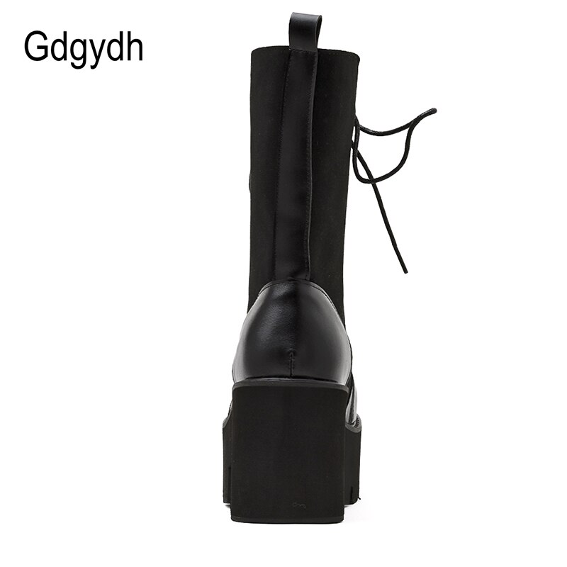 Gdgydh-Botas de estilo gótico para mujer, zapatos femeninos con plataforma de tacón, de cuero negro, botas de media caña con cordones,