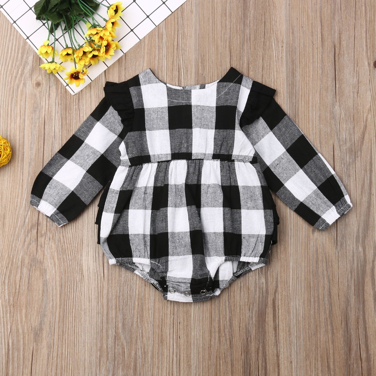 Xmas Toddler Baby Girl Boys Plaid Bodysuits Clothes Long Sleeve Ruffles Christmas Jumpsuit Outfit 0-18M