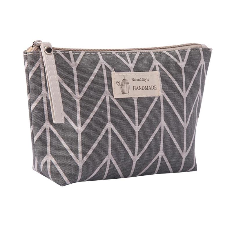 Neceser de maquillaje para mujer, kit de viaje a cuadros, bolsa para cosméticos de lienzo con cremallera impresa, bolso de teléfono, organizador, conjunto de maquillaje de belleza: Grey arrow