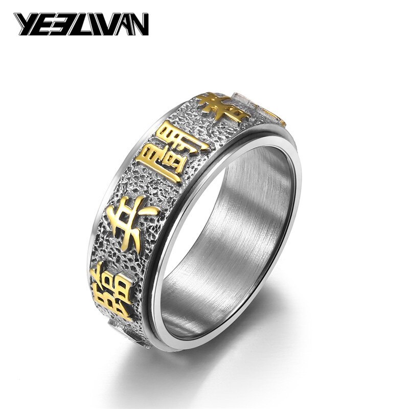 Held og lykke ring mænd kinesisk element taoist ringe vintage titanium stål punk mænd ringe drejelige kinesiske tegn smykker
