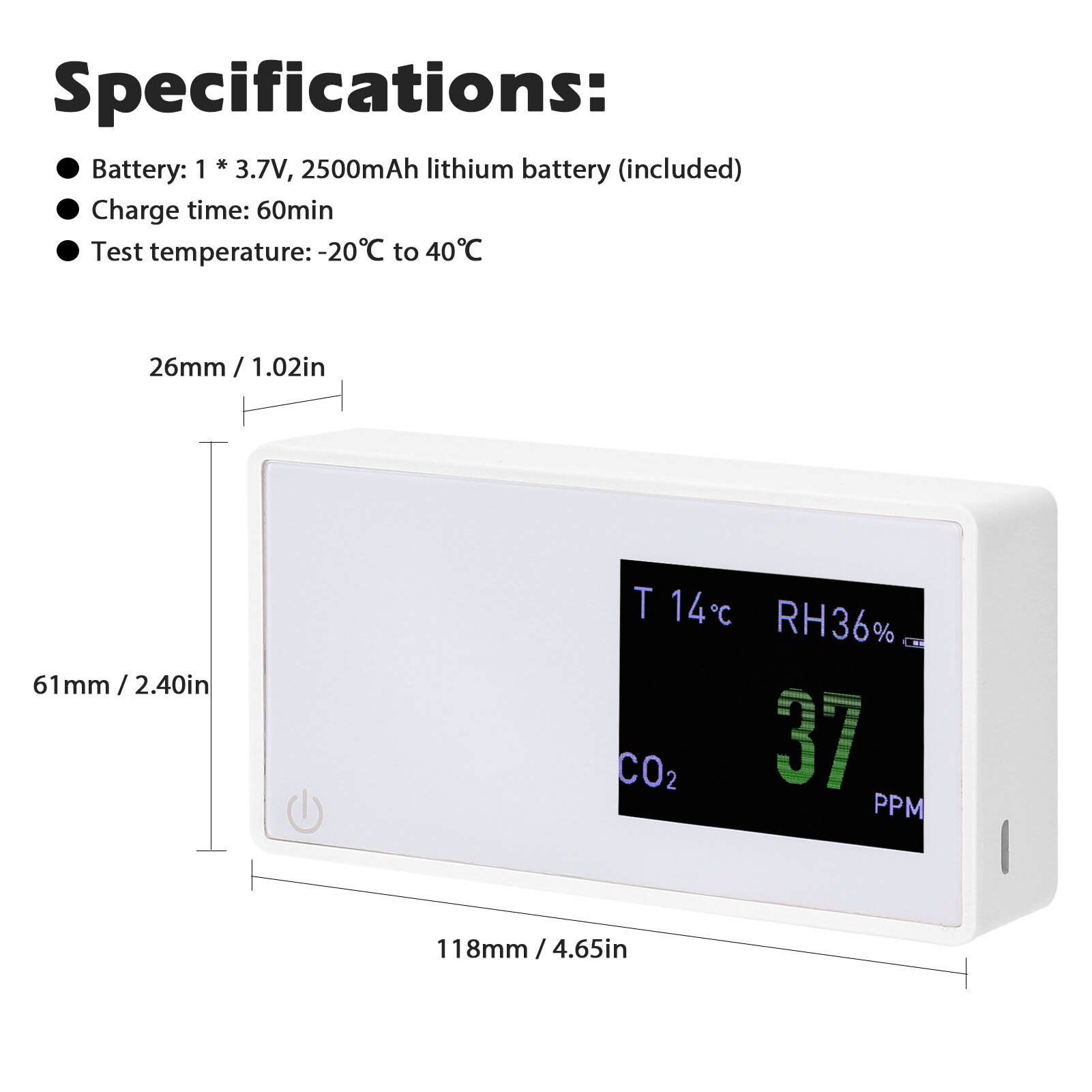 Air Monitor CO2 Meter CO2 Tester with Carbon Dioxide Value Electricity Quantity Temperature Humidity Display Function
