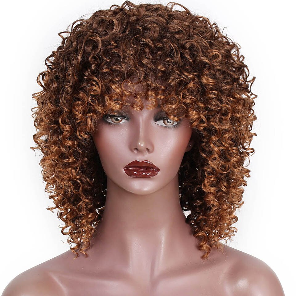 14 tommer kort afro paryk brun syntetisk kinky krøllede parykker til kvinder 10 farver ombre fluffy afrikansk amerikansk naturlig sort hår: Med pandehår -t4-30