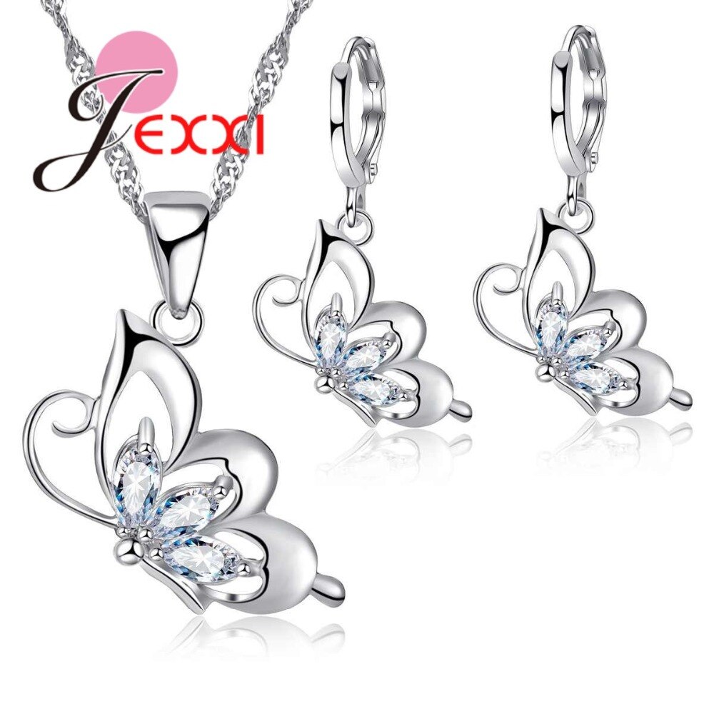 Elegante Mooie Vlinder Sieraden Set 925 Sterling Zilveren Bruiloft Ketting Oorbel Set Jurk Accessoires Fijne Sieraden