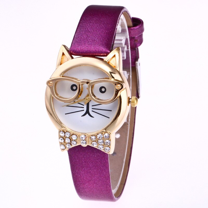 Hello kitty tegneserie sød kat bære briller børn se børn leopard ur fødselsdag studerende dreng pige farverigt ur: Lilla