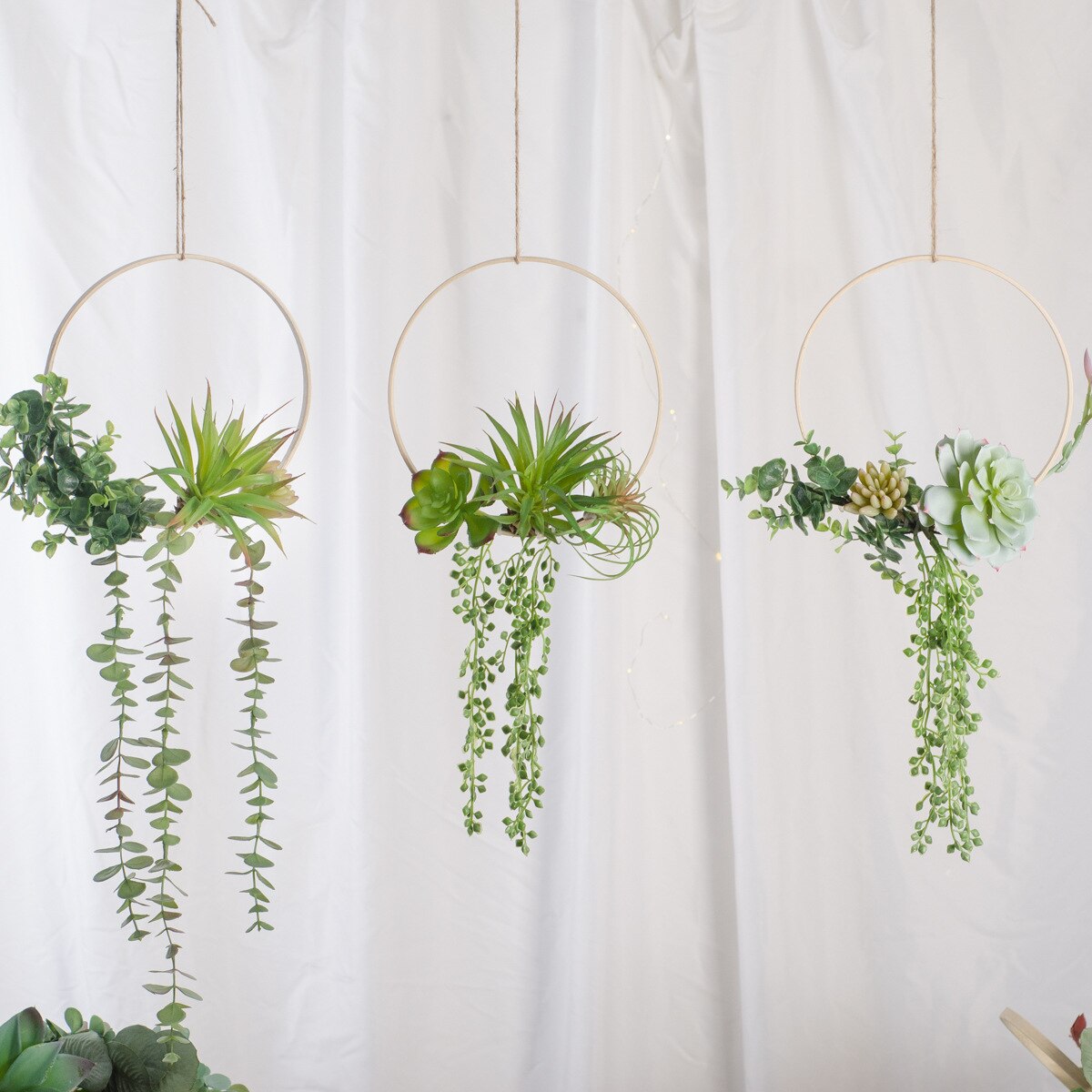Cilected Artificial Succulent Hanging Plants Decor Wedding Wreath With Drooping Leaves Bamboo Hoop Garland For Wall Decoration