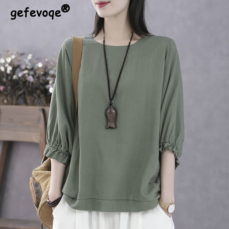 Zomer Losse Casual Batwing Halve Mouw Ruches Shirt Dames O Hals Effen Kleur Top Dames Oversized Pullover Blouse Femme