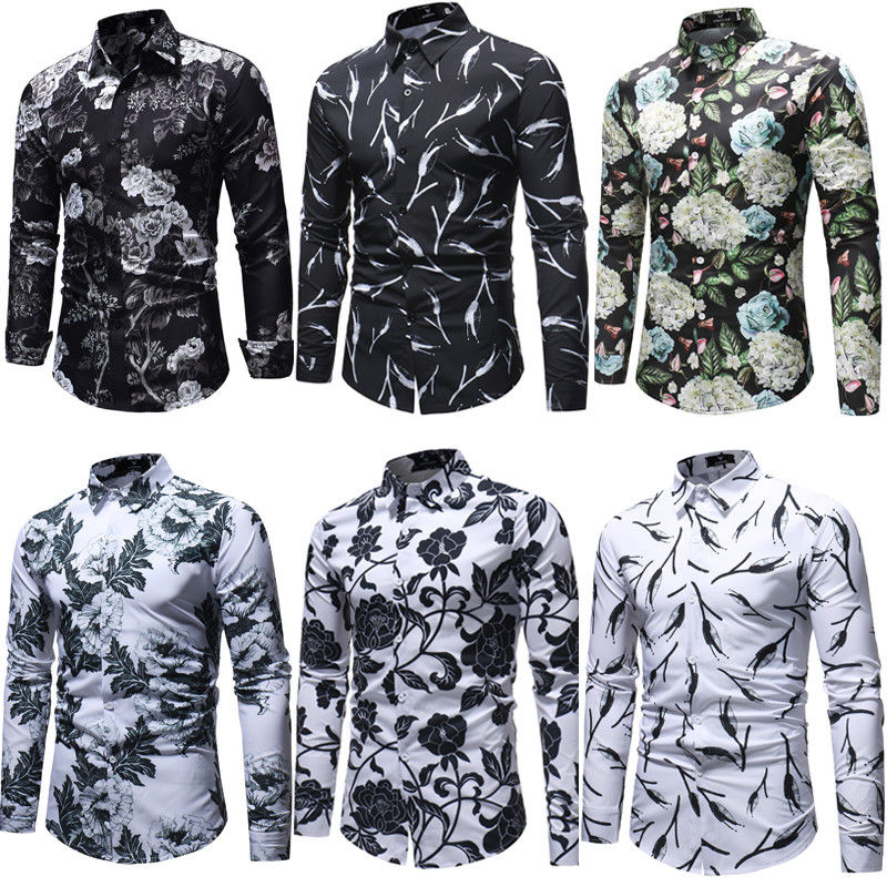 Mens Slim Fit Floral Shirt Casual Long Sleeve Dress Shirts Luxury Tops