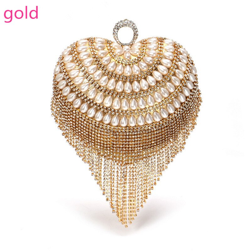 Small Clutches Women Tassel Heart Day Finger Ring Metal Crystal Evening Bags with Handle Beaded Purse Party: Gold