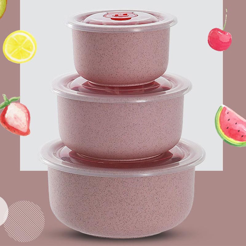 Wheat Straw Fresh-keeping Bowl Threepiece Set With Lid Round Lunch Box Can Be Microwave Sealed Bowl Kitchen Supplies Storage Box