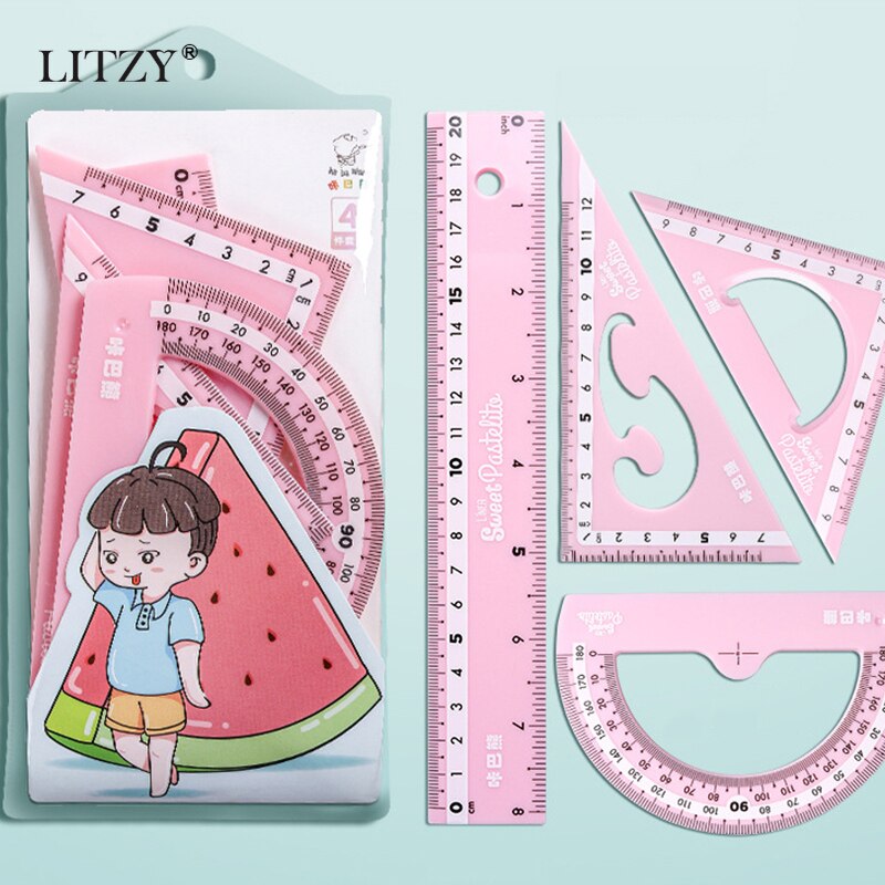 Juego de 4 Uds. LITZY de regla Kawaii, compás matemáticos, papelería escolar, reglas rectas de plástico de 15/20cm, suministros de oficina