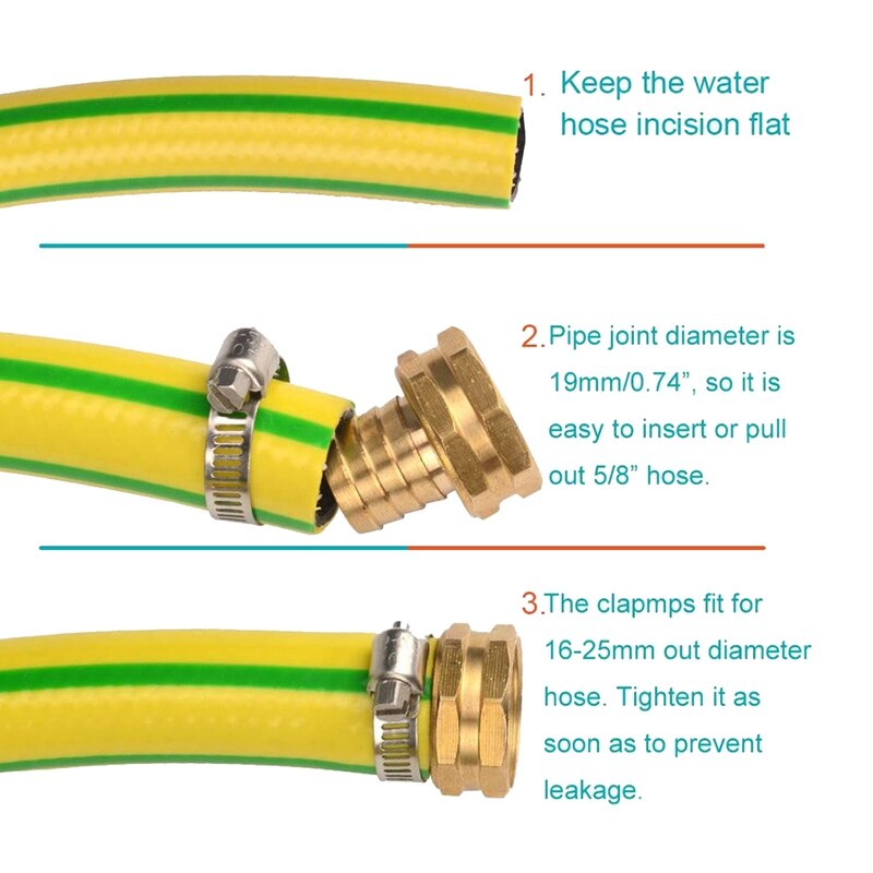 Gardening 5 Pair Brass 3/4 Inch Garden Hose Mender Repair Male Female Connector with Clamps