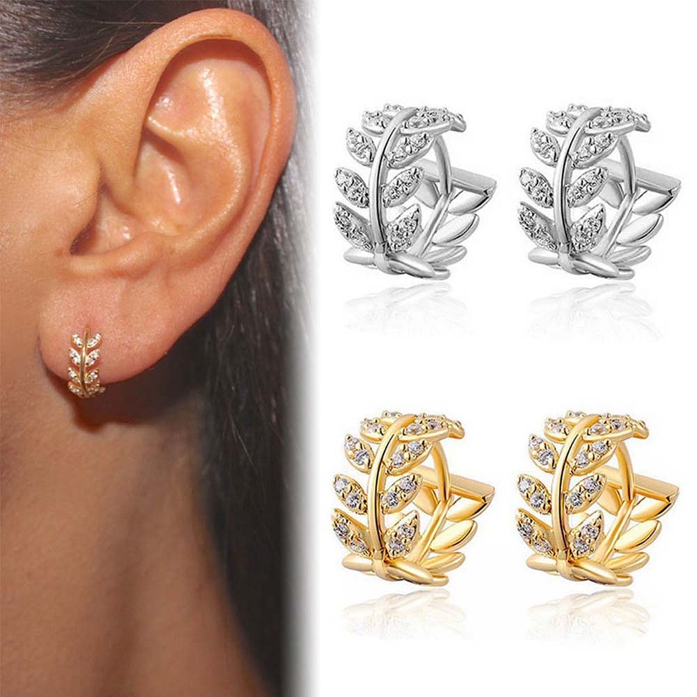 Leaf Shape Hoop Earrings Rhinestone Gold Color Surround Small Hoop Earrings Mini Slim Circle Earring Jewelry